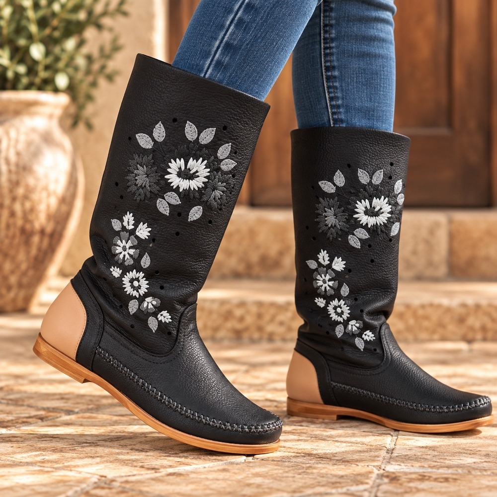Rinaldi Italy Womens 41 US 11 Black Leather Floral Embroidered Moccasin Boots